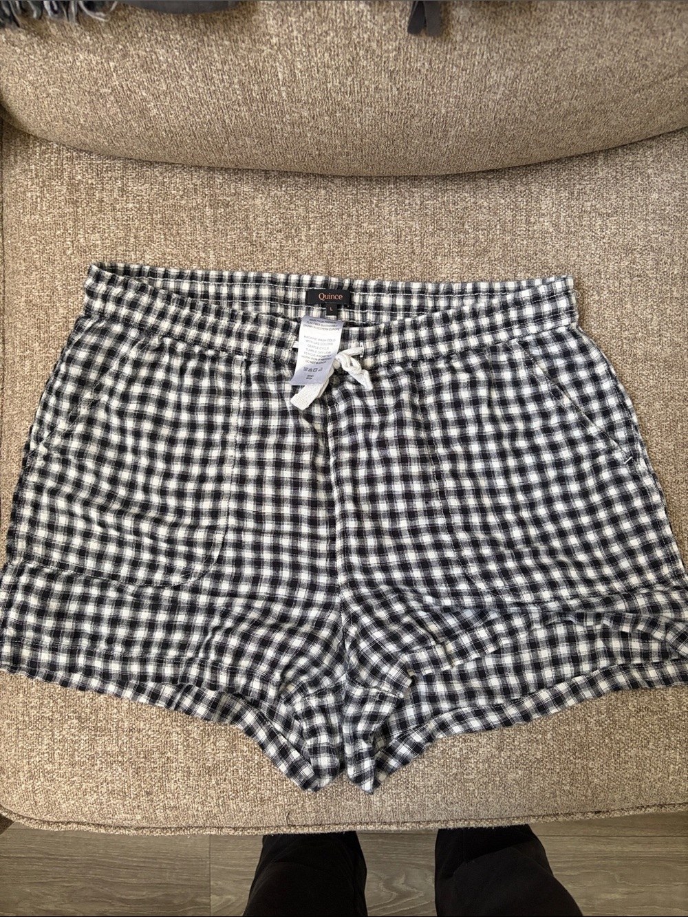 Quince Women’s Black & White Gingham High-Waist Lounge Shorts